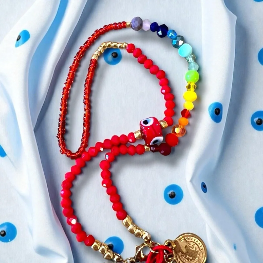 Vibrant Red Hand Beaded Rainbow and Evil Eye Protection Necklace 16”